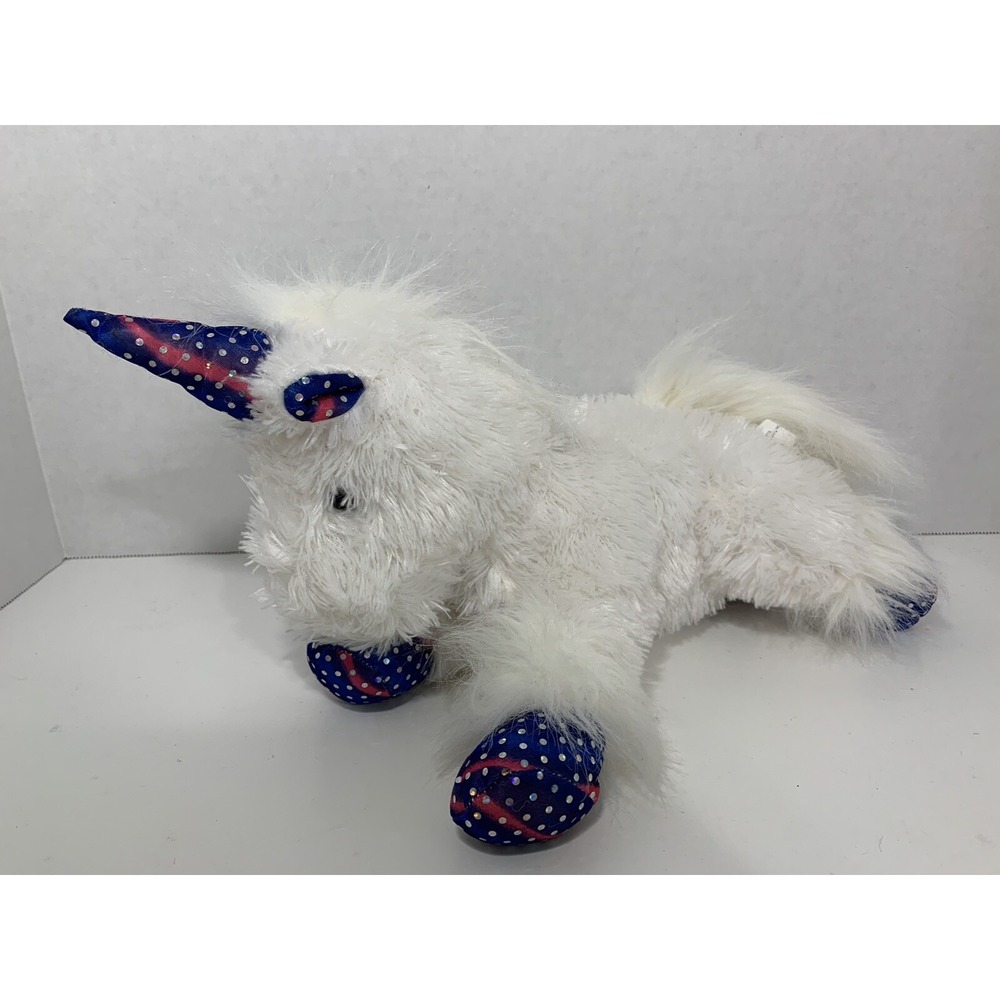 Atico‎ International USA plush white unicorn pink blue sparkle sequin feet horn